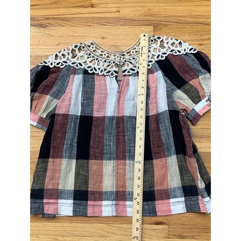 Anthropologie Plaid Crochet Lace Yoke Blouse Pink Navy Cotton Puff Sleeve Large